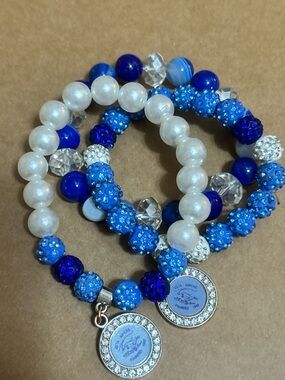 Blue and White Beaded Charm Bracelet Set